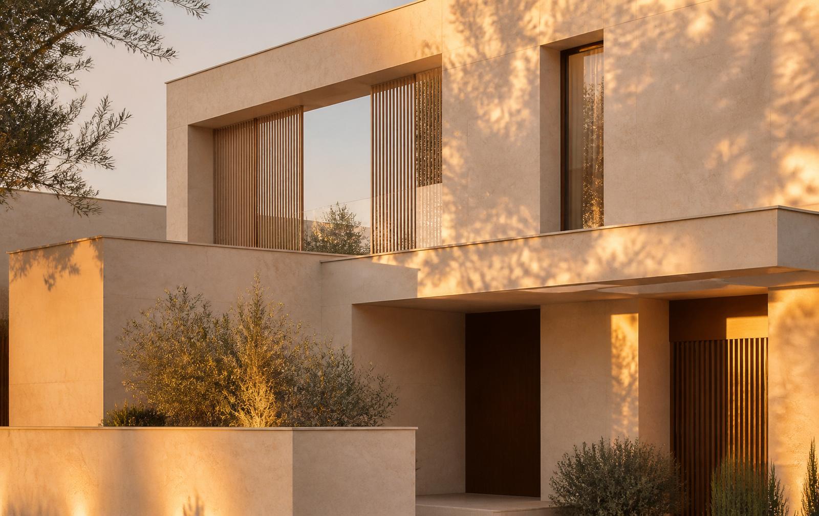 A warm architectural facade at golden hour