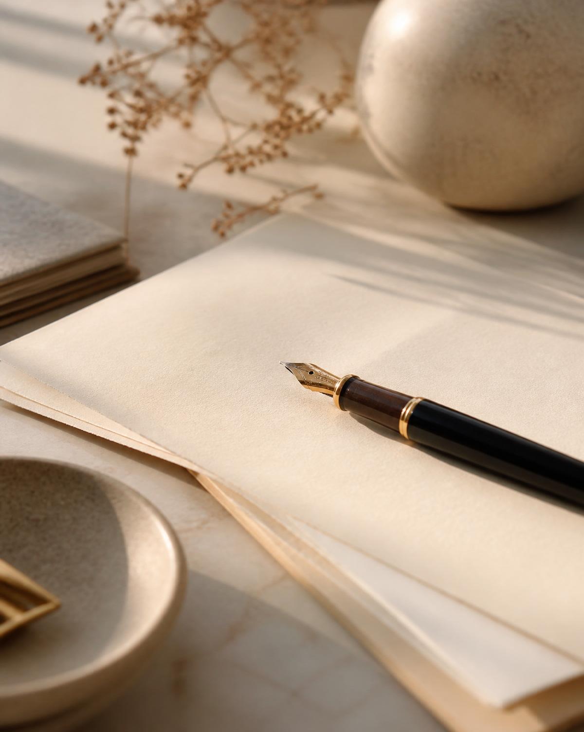 A warm editorial workspace with paper and a fountain pen